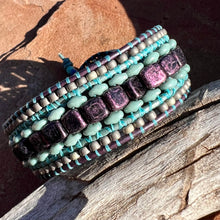 Load image into Gallery viewer, Purple and aqua cuff bracelet