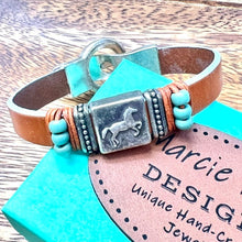 Load image into Gallery viewer, Horse bracelet on tan/turquoise leather
