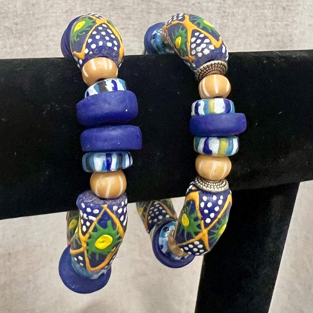 African trade bead stretch bracelet blue/green/yellow/white