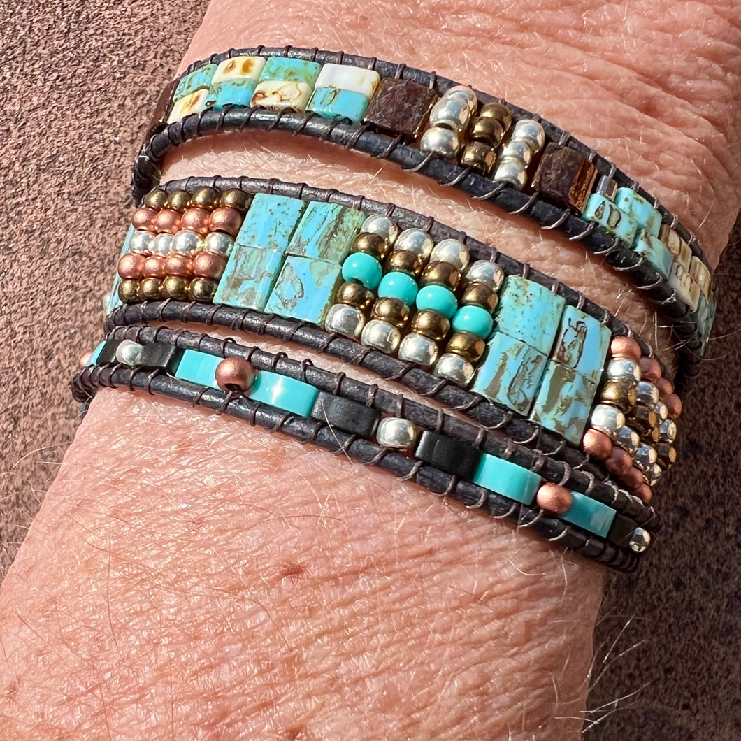 Triple wrap Picasso turquoise, cream, copper, and silver