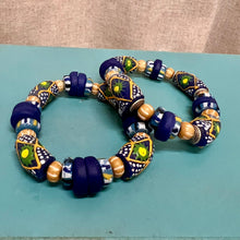 Load image into Gallery viewer, African trade bead stretch bracelet blue/green/yellow/white
