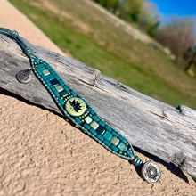 Load image into Gallery viewer, Wide blue/green lotus blossom bracelet
