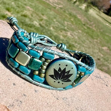 Load image into Gallery viewer, Wide blue/green lotus blossom bracelet
