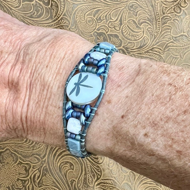 Dragonfly bracelet in distressed denim blue