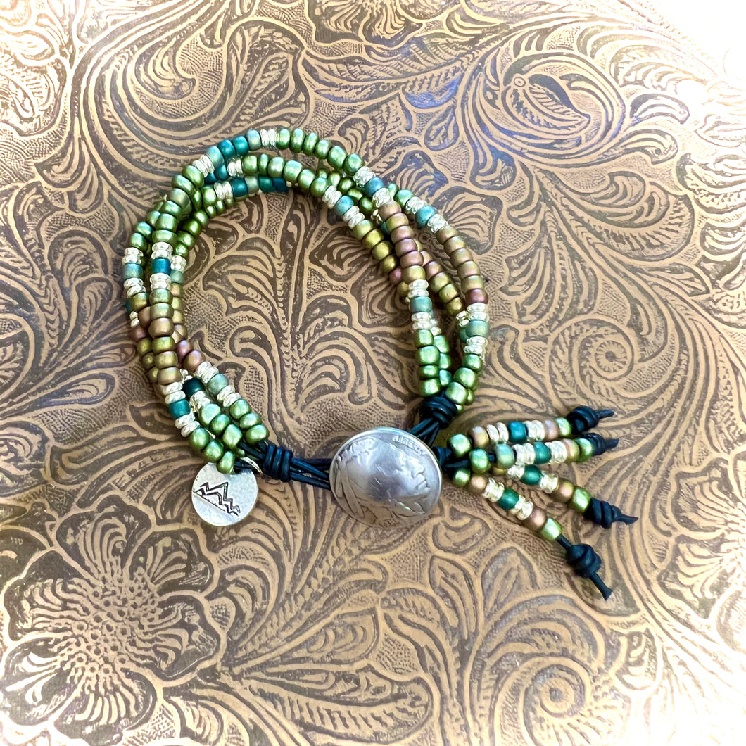 4-strand Boho matte teal/green/silver bracelet