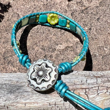 Load image into Gallery viewer, Teal and green tiny hibiscus flower bracelet
