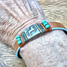 Load image into Gallery viewer, Horse bracelet on tan/turquoise leather
