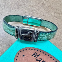 Load image into Gallery viewer, Horse bracelet on embossed teal leather

