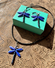 Load image into Gallery viewer, Dragonfly earrings and necklace set in blue and silver
