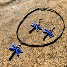 Load image into Gallery viewer, Dragonfly earrings and necklace set in blue and silver
