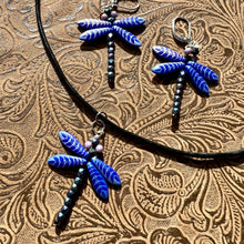 Load image into Gallery viewer, Dragonfly earrings and necklace set in blue and silver
