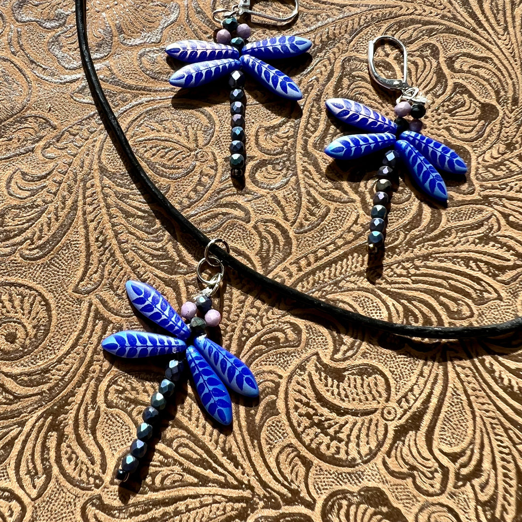 Dragonfly earrings and necklace set in blue and silver