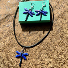 Load image into Gallery viewer, Dragonfly earrings and necklace set in blue and silver
